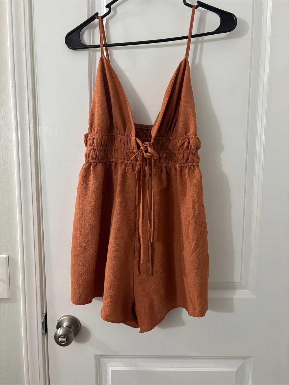 Rust Orange Spaghetti-Strap V-Neck Romper